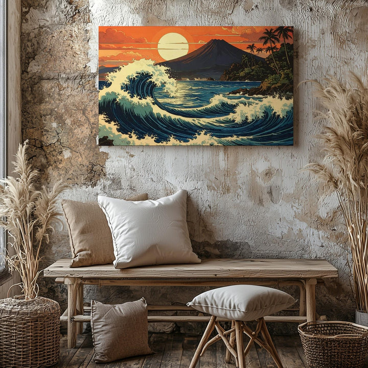 Crimson Wave & Fuji Canvas – Dramatic Ocean Sunset with Mountain Silhouette - Gifitto