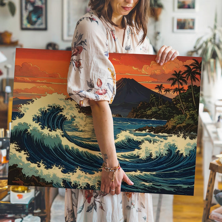 Crimson Wave & Fuji Canvas – Dramatic Ocean Sunset with Mountain Silhouette - Gifitto