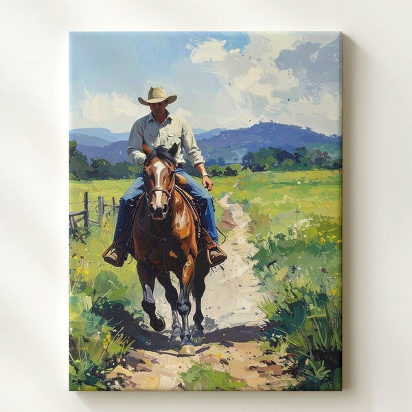 Rural Cowboy and Horse Canvas – Serene Country Pathway Wall Art - Gifitto