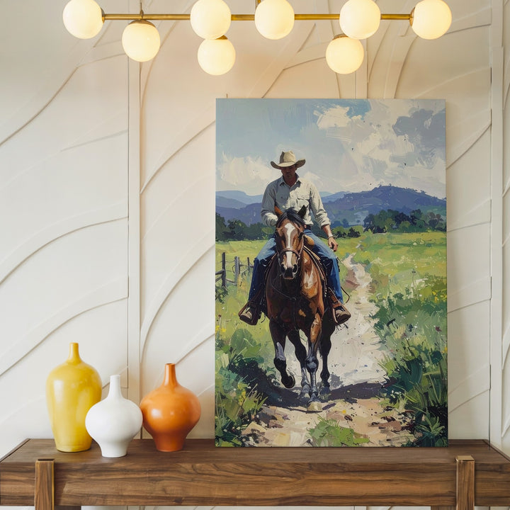 Rural Cowboy and Horse Canvas – Serene Country Pathway Wall Art - Gifitto