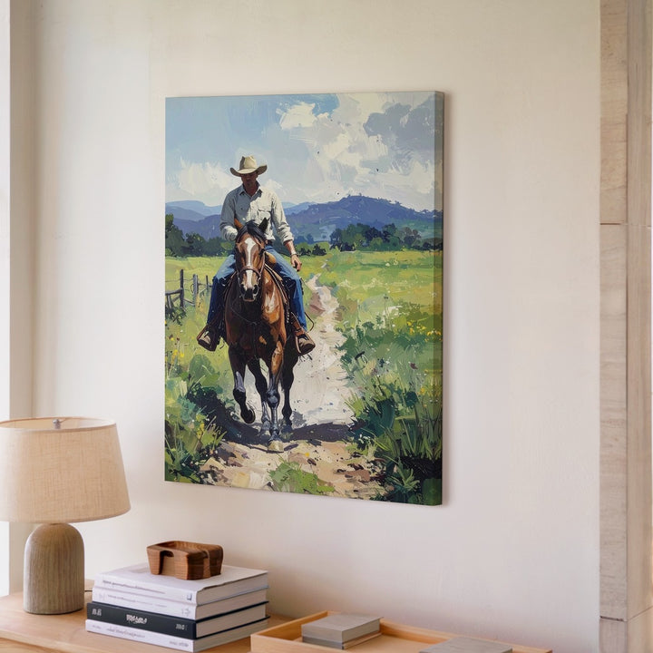 Rural Cowboy and Horse Canvas – Serene Country Pathway Wall Art - Gifitto