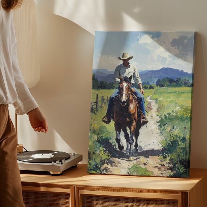 Rural Cowboy and Horse Canvas – Serene Country Pathway Wall Art - Gifitto