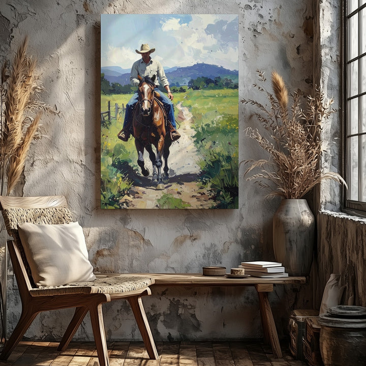 Rural Cowboy and Horse Canvas – Serene Country Pathway Wall Art - Gifitto