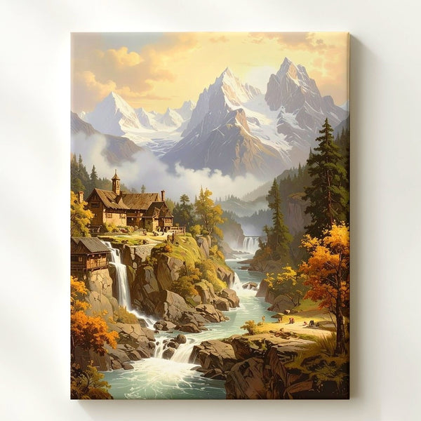Serene Mountain Village Canvas – Peaceful Fantasy Landscape with Waterfalls - Gifitto