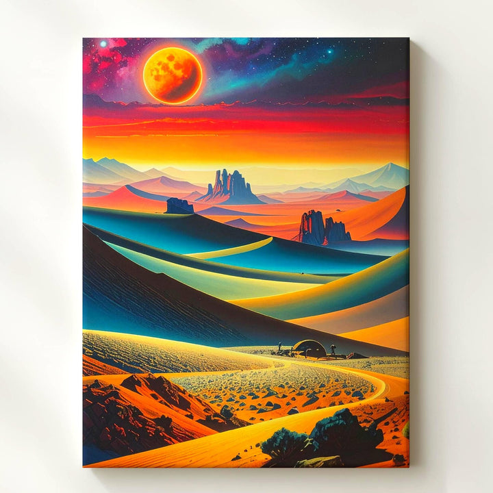 Alien Desert Dreamscape Canvas – Surreal Red Planet with Neon Ring Art - Gifitto
