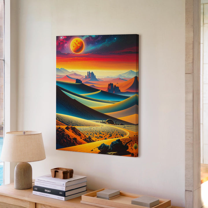 Alien Desert Dreamscape Canvas – Surreal Red Planet with Neon Ring Art - Gifitto