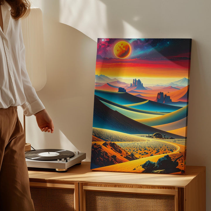 Alien Desert Dreamscape Canvas – Surreal Red Planet with Neon Ring Art - Gifitto
