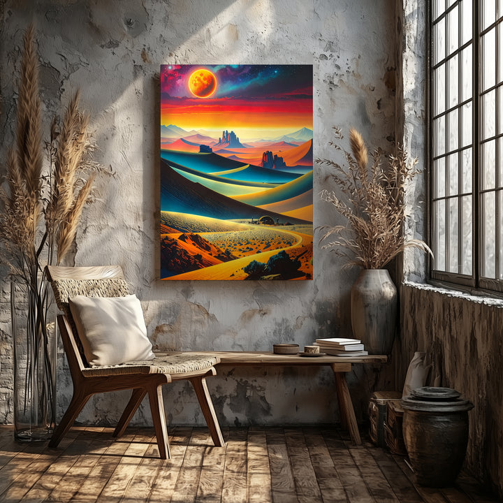 Alien Desert Dreamscape Canvas – Surreal Red Planet with Neon Ring Art - Gifitto
