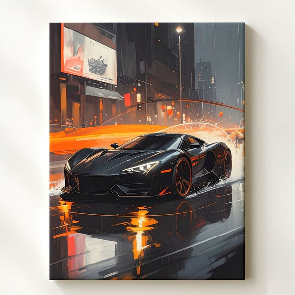 Black Sports Car Night Drive Canvas – Cinematic Urban Speed Wall Art - Gifitto
