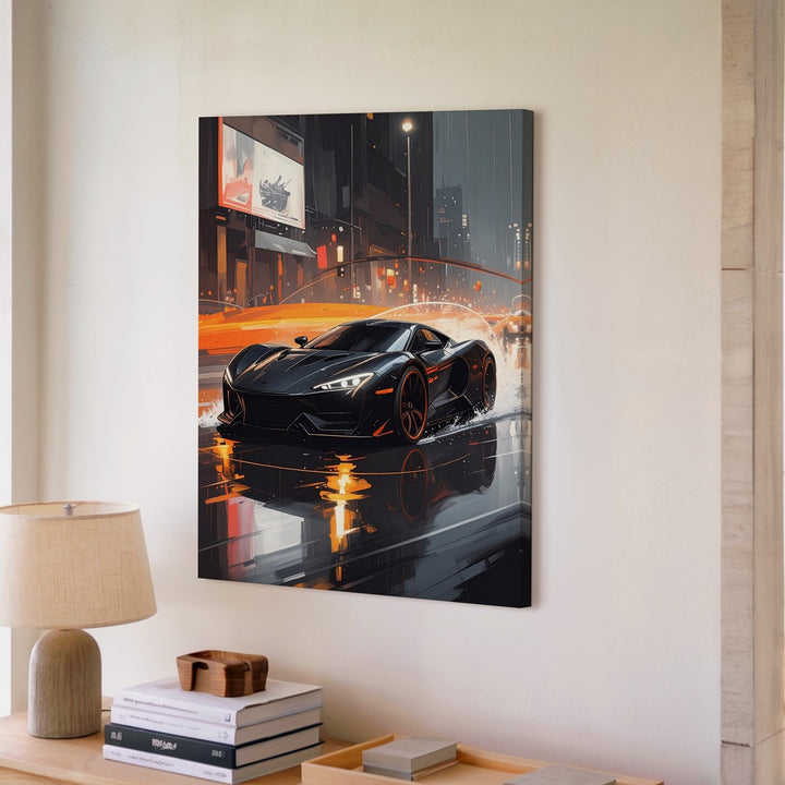 Black Sports Car Night Drive Canvas – Cinematic Urban Speed Wall Art - Gifitto