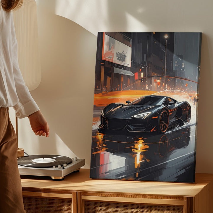 Black Sports Car Night Drive Canvas – Cinematic Urban Speed Wall Art - Gifitto