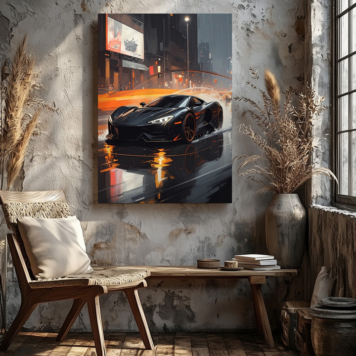 Black Sports Car Night Drive Canvas – Cinematic Urban Speed Wall Art - Gifitto