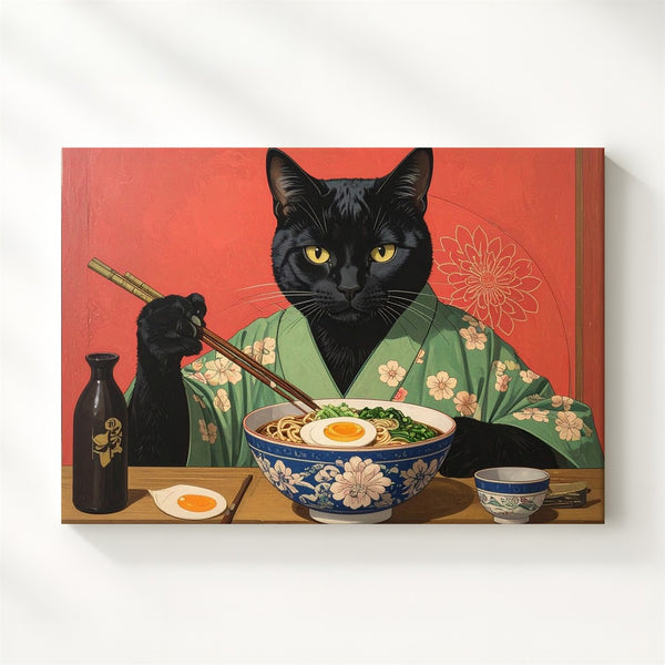 Ramen Cat Canvas – Anthropomorphic Black Cat in Kimono Enjoying Japanese Meal - Gifitto