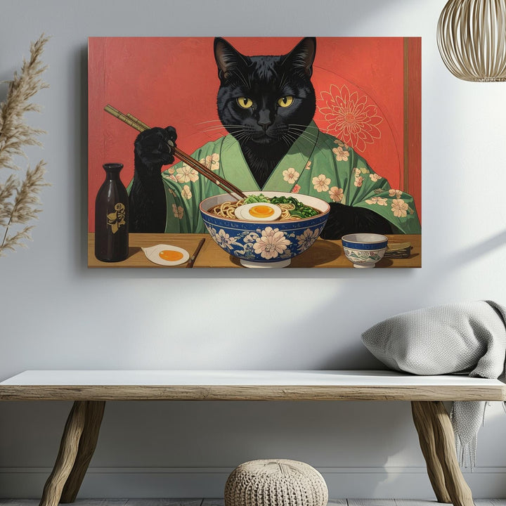 Ramen Cat Canvas – Anthropomorphic Black Cat in Kimono Enjoying Japanese Meal - Gifitto