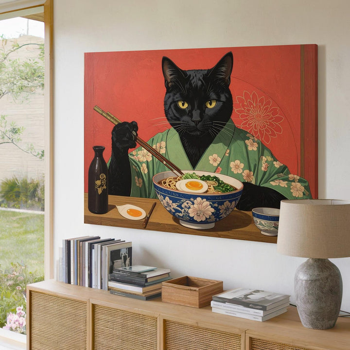 Ramen Cat Canvas – Anthropomorphic Black Cat in Kimono Enjoying Japanese Meal - Gifitto