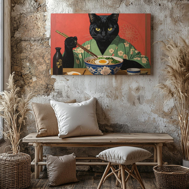 Ramen Cat Canvas – Anthropomorphic Black Cat in Kimono Enjoying Japanese Meal - Gifitto