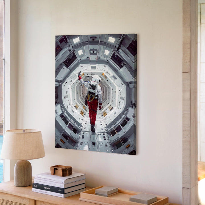 Lonely Journey Canvas – Astronaut Walking in Futuristic Spaceship Corridor - Gifitto