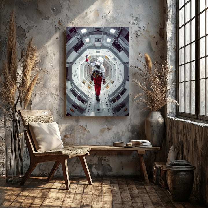 Lonely Journey Canvas – Astronaut Walking in Futuristic Spaceship Corridor - Gifitto