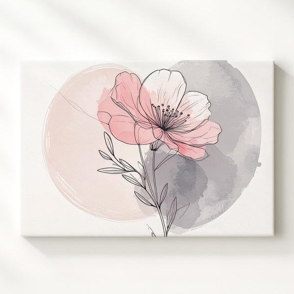 Blush Pink Botanical Canvas – Delicate Line Art Flower Stem with Watercolor Wash - Gifitto