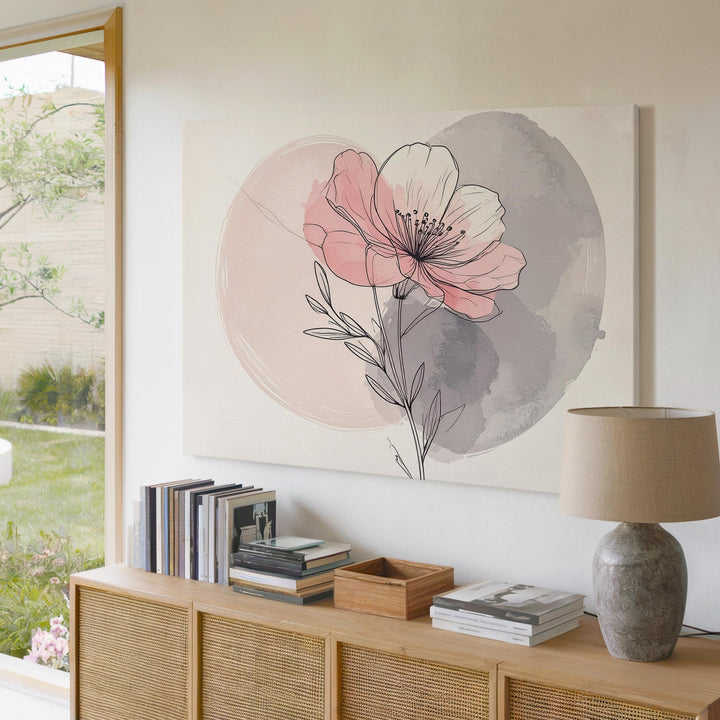 Blush Pink Botanical Canvas – Delicate Line Art Flower Stem with Watercolor Wash - Gifitto