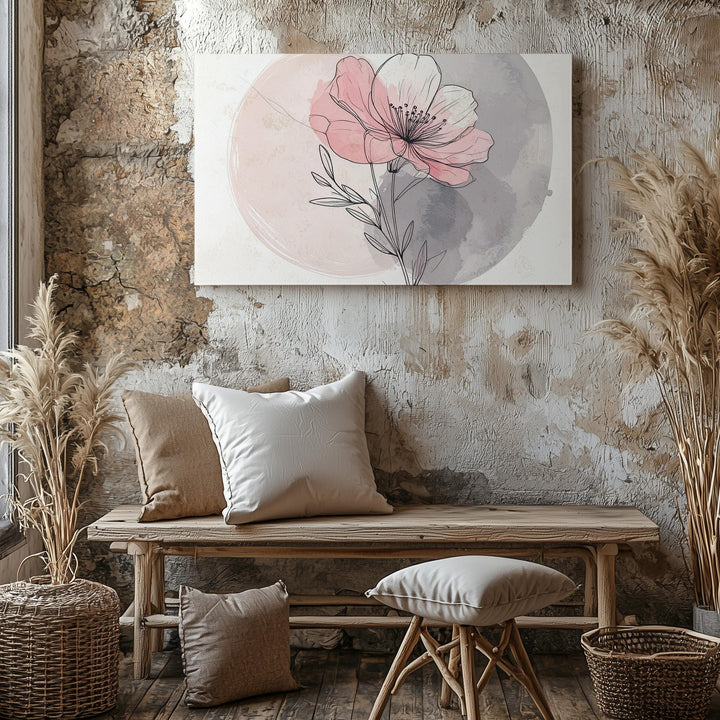 Blush Pink Botanical Canvas – Delicate Line Art Flower Stem with Watercolor Wash - Gifitto