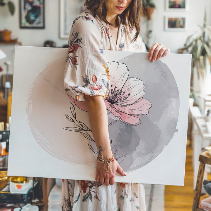 Blush Pink Botanical Canvas – Delicate Line Art Flower Stem with Watercolor Wash - Gifitto