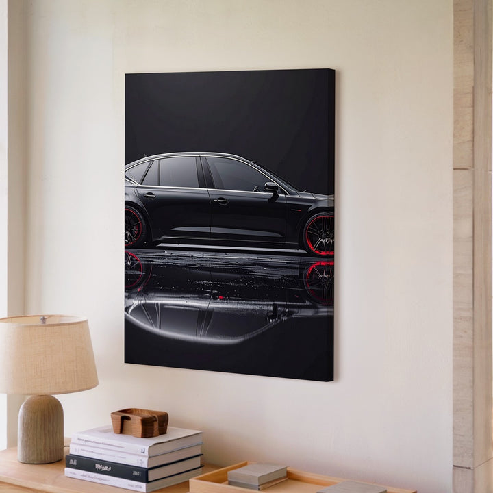 Luxury Black Sedan Canvas – Minimalist Profile with Red Accent Wall Art - Gifitto