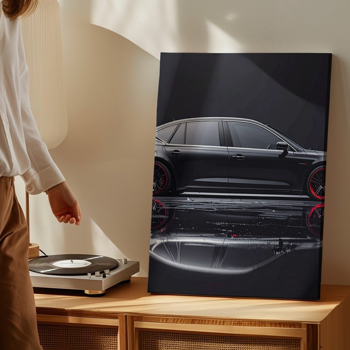 Luxury Black Sedan Canvas – Minimalist Profile with Red Accent Wall Art - Gifitto