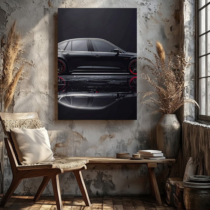 Luxury Black Sedan Canvas – Minimalist Profile with Red Accent Wall Art - Gifitto