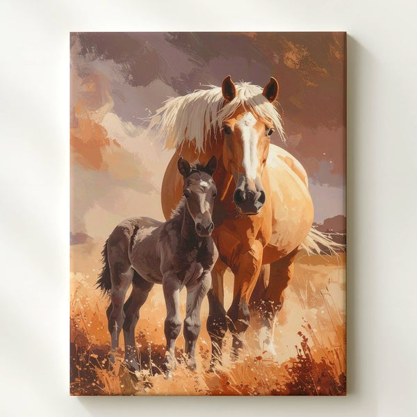 Maternal Bond Horse Canvas – Mother and Foal in Dusty Field Wall Art - Gifitto