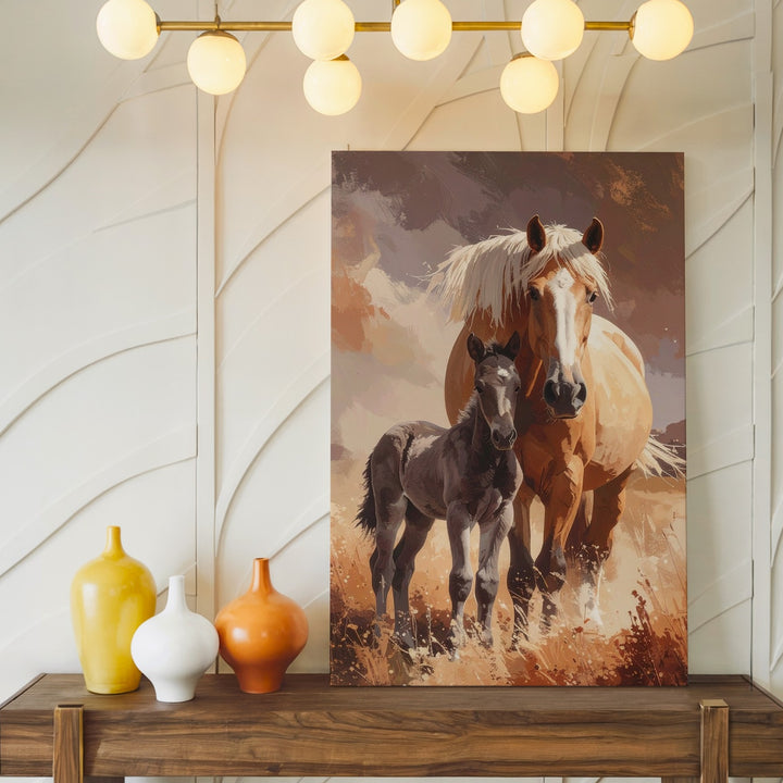 Maternal Bond Horse Canvas – Mother and Foal in Dusty Field Wall Art - Gifitto