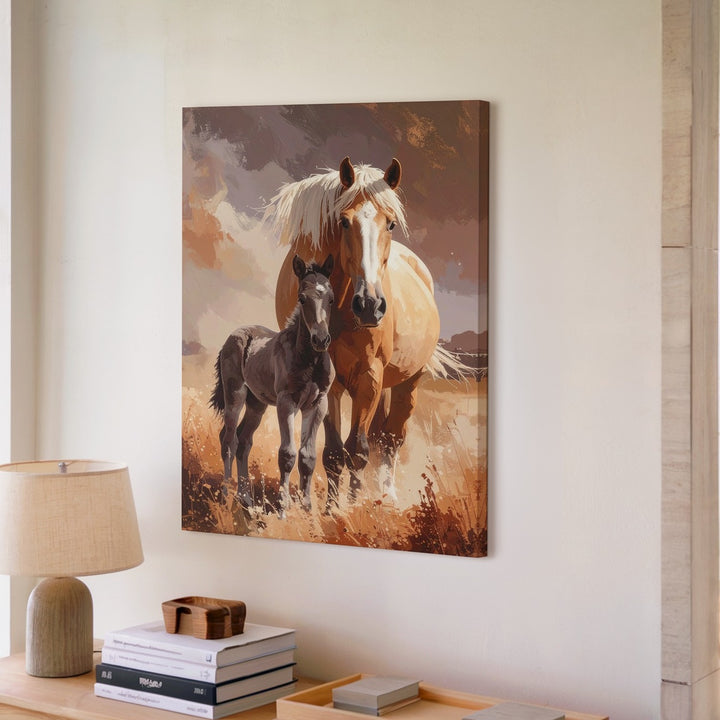 Maternal Bond Horse Canvas – Mother and Foal in Dusty Field Wall Art - Gifitto