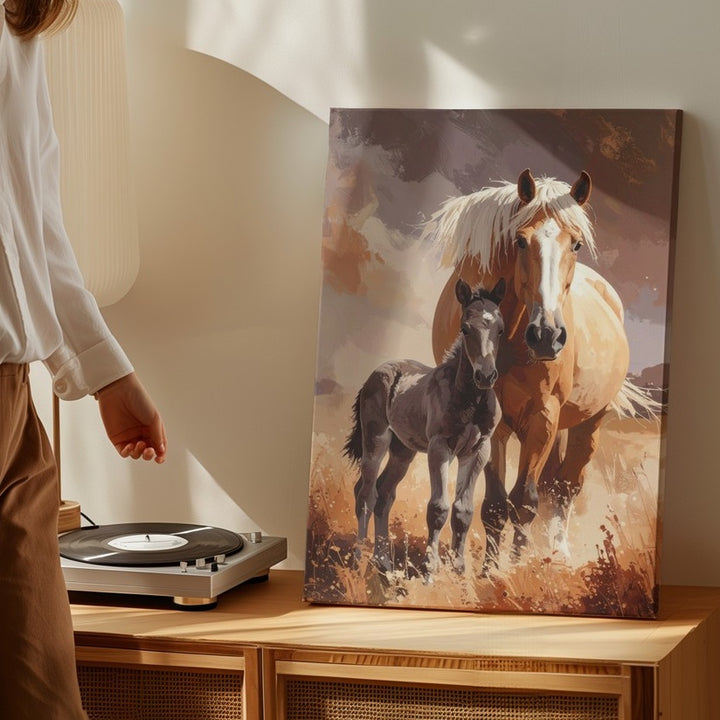 Maternal Bond Horse Canvas – Mother and Foal in Dusty Field Wall Art - Gifitto