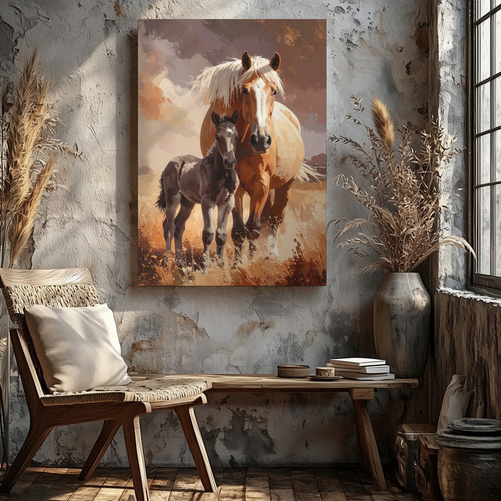 Maternal Bond Horse Canvas – Mother and Foal in Dusty Field Wall Art - Gifitto