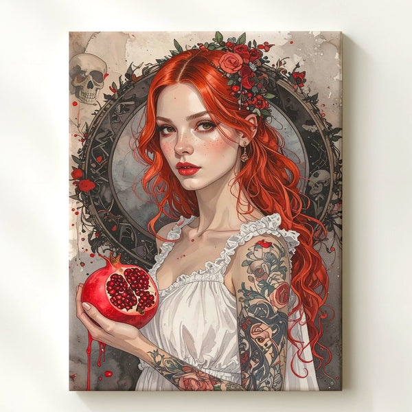 Gothic Temptation Canvas – Red-Haired Woman with Pomegranate and Floral Wreath - Gifitto