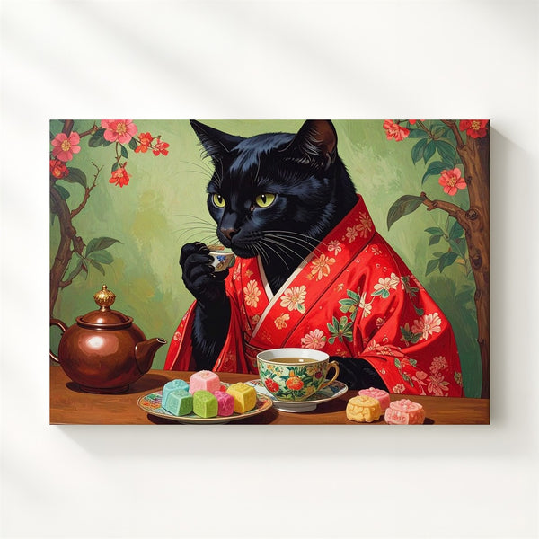 Tea Ceremony Cat Canvas – Black Cat in Red Kimono with Mochi & Matcha - Gifitto
