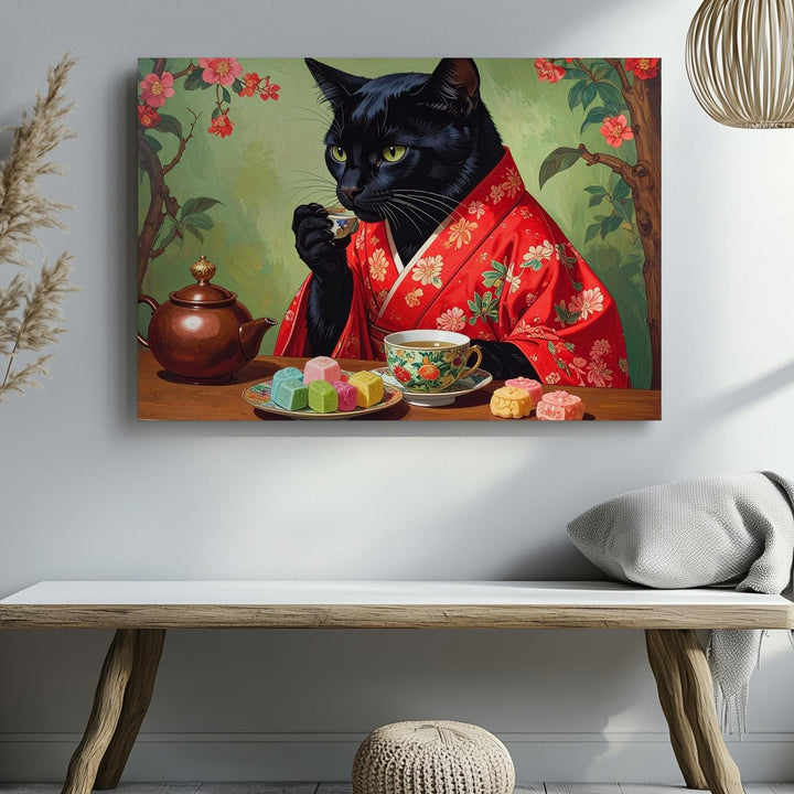 Tea Ceremony Cat Canvas – Black Cat in Red Kimono with Mochi & Matcha - Gifitto