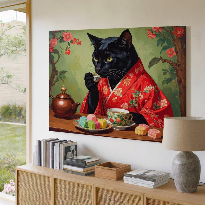 Tea Ceremony Cat Canvas – Black Cat in Red Kimono with Mochi & Matcha - Gifitto