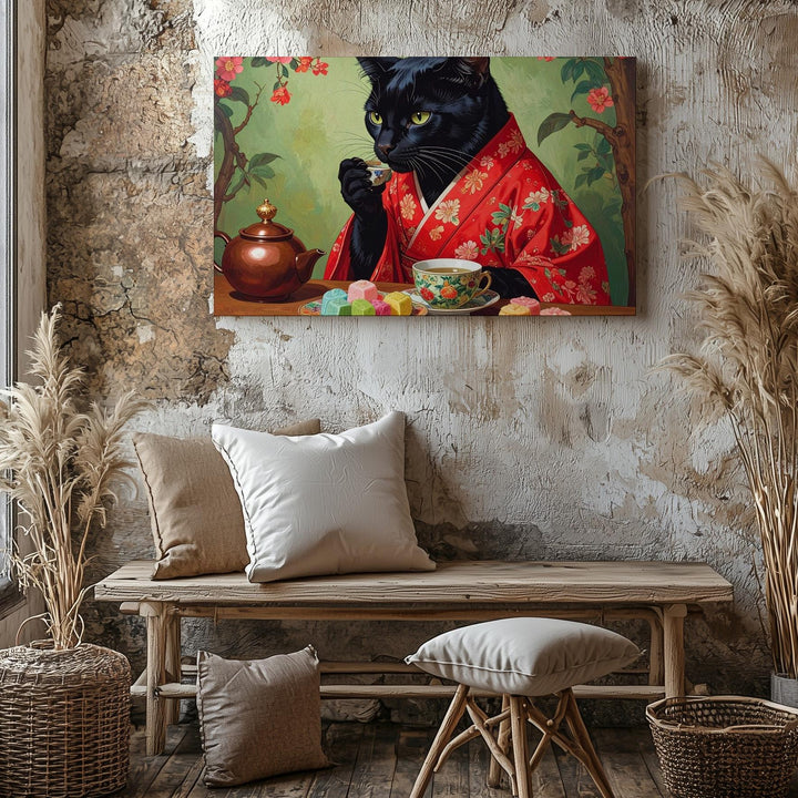 Tea Ceremony Cat Canvas – Black Cat in Red Kimono with Mochi & Matcha - Gifitto