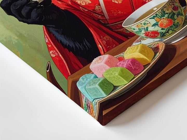 Tea Ceremony Cat Canvas – Black Cat in Red Kimono with Mochi & Matcha - Gifitto