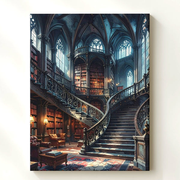 Timeless Library Spiral Staircase Canvas – Vintage Scholarly Ambience Wall Art - Gifitto