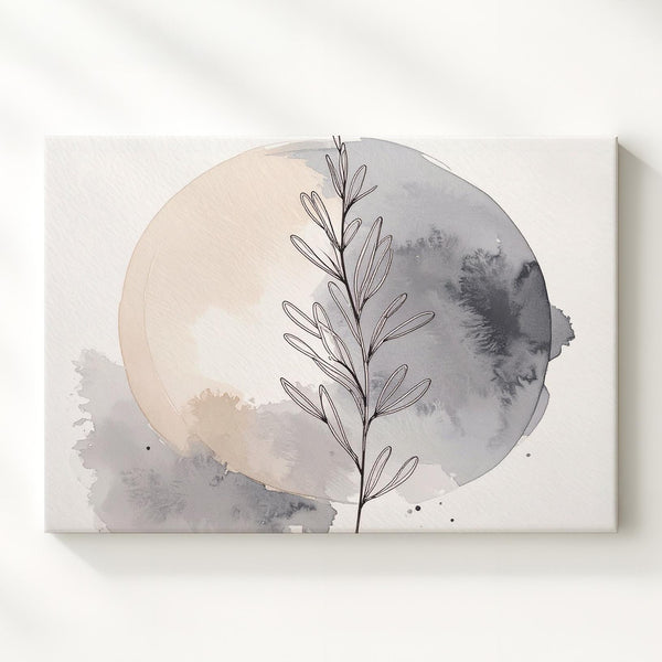 Minimalist Botanical Canvas – Black Line Art Plant with Watercolor Blotch - Gifitto