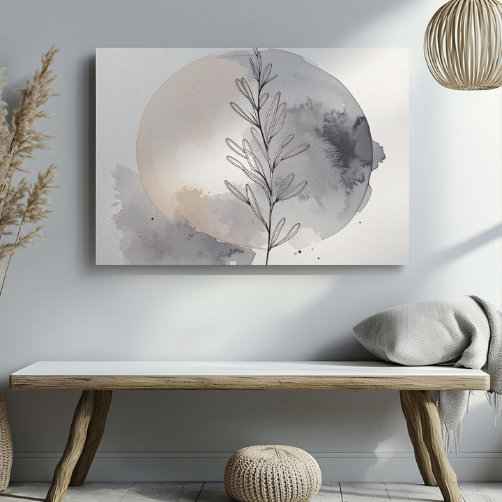 Minimalist Botanical Canvas – Black Line Art Plant with Watercolor Blotch - Gifitto