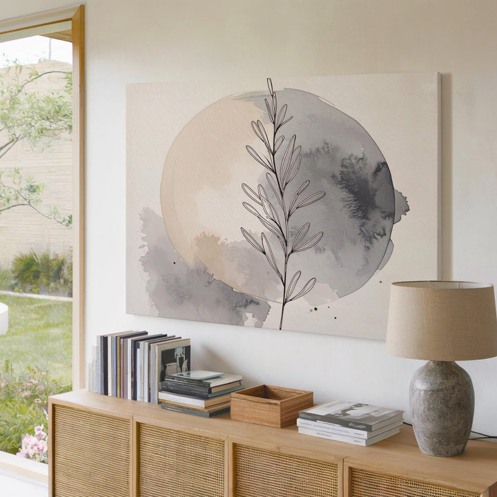 Minimalist Botanical Canvas – Black Line Art Plant with Watercolor Blotch - Gifitto