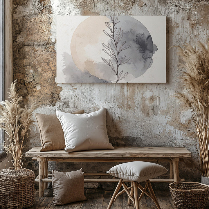 Minimalist Botanical Canvas – Black Line Art Plant with Watercolor Blotch - Gifitto