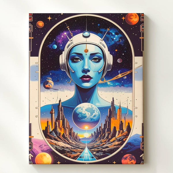 Cosmic Beauty Canvas – Retro-Futuristic Woman in Space with Vibrant Galactic Elements - Gifitto