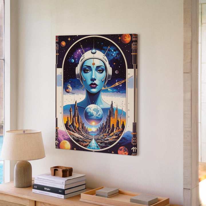 Cosmic Beauty Canvas – Retro-Futuristic Woman in Space with Vibrant Galactic Elements - Gifitto
