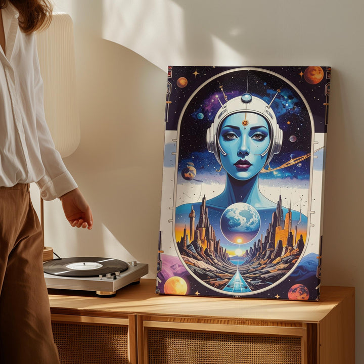 Cosmic Beauty Canvas – Retro-Futuristic Woman in Space with Vibrant Galactic Elements - Gifitto