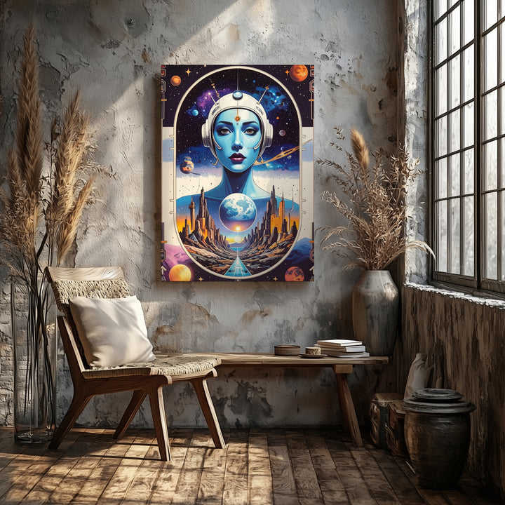 Cosmic Beauty Canvas – Retro-Futuristic Woman in Space with Vibrant Galactic Elements - Gifitto