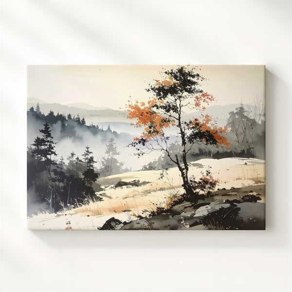 Wabi-Sabi Tree Canvas – Minimalist Ink Landscape with Autumn Foliage - Gifitto